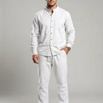 KZZ Men's Long-Sleeve Button-Down Shirt and Straight-Leg Drawstring Trousers Set
