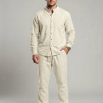 KZZ Men's Long-Sleeve Button-Down Shirt and Straight-Leg Drawstring Trousers Set