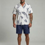 KZZ Men's Leaf Print Drawstring Waist Loose Shorts Set
