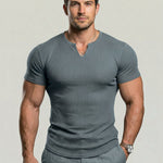 KZZ Men's Spring Summer Outfits Vertical Striped Textured V-Neck Short Sleeve T-Shirt