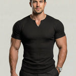 KZZ Men's Spring Summer Outfits Vertical Striped Textured V-Neck Short Sleeve T-Shirt