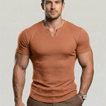KZZ Men's Spring Summer Outfits Vertical Striped Textured V-Neck Short Sleeve T-Shirt