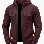 KZZ Men's Outdoor Casual Multi-Pocket Full-Zip Hooded Sweatshirt