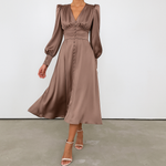 Sienna Calloway | Satin Button-Down V-Neck Midi Dress For Women