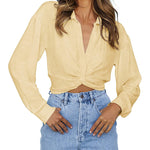 Zeagoo Women's V Neck Twist Hem Blouse Long Sleeve Crop Top Casual Button Shirts