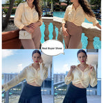 Zeagoo Women's V Neck Twist Hem Blouse Long Sleeve Crop Top Casual Button Shirts