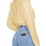 Zeagoo Women's V Neck Twist Hem Blouse Long Sleeve Crop Top Casual Button Shirts