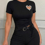 Women's Heart Cutout Rhinestone T-Shirt Short Sleeve Side Drawstring Ruched Top Slim Fit Sparkly Party Tee