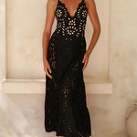 Black Laser Cutting Flower Hollow One Piece Swimsuit and Skirt