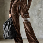 Brown Velvet Hooded Zipper Wide Leg Jumpsuit