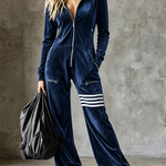 Velvet Hooded Zipper Wide Leg Jumpsuit