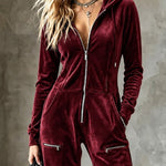 Burgundy Velvet Hooded Zipper Wide Leg Jumpsuit