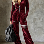 Velvet Hooded Zipper Wide Leg Jumpsuit