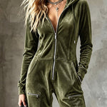 Olive Green Velvet Hooded Zipper Wide Leg Jumpsuit