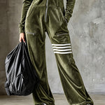 Olive Green Velvet Hooded Zipper Wide Leg Jumpsuit