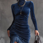 Dark blue velvet pleated ruffled maxi dress