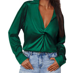 Satin V Neck Twist Front Silk Shirts - Nadorine (Us Only)