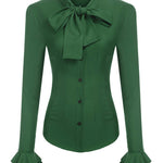 Women Bow Tie Neck Blouses Ruffle Long Sleeve Shirts Button-Down Office Work Casual Tops XS-3XL - Nadorine (Us Only)