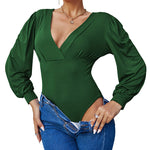 Women Sexy Bodysuits Long Sleeve V Neck Jumpsuits Tops Leotard Shirts - Nadorine (Us Only)