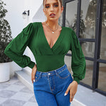 Women Sexy Bodysuits Long Sleeve V Neck Jumpsuits Tops Leotard Shirts - Nadorine (Us Only)