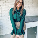Women Bow Tie Neck Blouses Ruffle Long Sleeve Shirts Button-Down Office Work Casual Tops XS-3XL - Nadorine (Us Only)