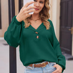 Nadorine Women V Neck Sweater Lantern Sleeve Drop Shoulder Oversized Henley Knit Pullover Tops S-XXL