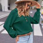 Nadorine Women V Neck Sweater Lantern Sleeve Drop Shoulder Oversized Henley Knit Pullover Tops S-XXL