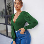 Women Sexy Bodysuits Long Sleeve V Neck Jumpsuits Tops Leotard Shirts - Nadorine (Us Only)