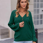 Nadorine Women V Neck Sweater Lantern Sleeve Drop Shoulder Oversized Henley Knit Pullover Tops S-XXL