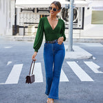 Women Sexy Bodysuits Long Sleeve V Neck Jumpsuits Tops Leotard Shirts - Nadorine (Us Only)