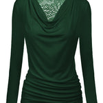 Womens Long Sleeve Ruched Top Slim Fitted Cowl Neck Wrap Shirts with Side Shirring - Nadorine (Us Only)