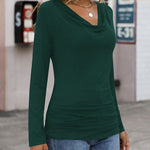 Womens Long Sleeve Ruched Top Slim Fitted Cowl Neck Wrap Shirts with Side Shirring - Nadorine (Us Only)