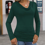 Womens Long Sleeve Ruched Top Slim Fitted Cowl Neck Wrap Shirts with Side Shirring - Nadorine (Us Only)