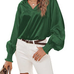 Women's Silk Shirts V Neck Shirred Lantern Sleeve Casual Work Blouse Tunic Tops - Nadorine (Us Only)