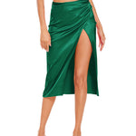 Women's Satin Midi Skirt High Waist Split Thigh Solid Zipper Skirt - Nadorine (Us Only)