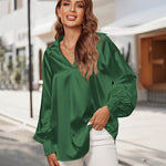 Women's Silk Shirts V Neck Shirred Lantern Sleeve Casual Work Blouse Tunic Tops - Nadorine (Us Only)