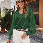 Women's Silk Shirts V Neck Shirred Lantern Sleeve Casual Work Blouse Tunic Tops - Nadorine (Us Only)