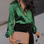 Women's Silk Shirts V Neck Shirred Lantern Sleeve Casual Work Blouse Tunic Tops - Nadorine (Us Only)