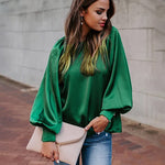 Women's Silk Shirts V Neck Shirred Lantern Sleeve Casual Work Blouse Tunic Tops - Nadorine (Us Only)