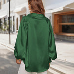 Women's Silk Shirts V Neck Shirred Lantern Sleeve Casual Work Blouse Tunic Tops - Nadorine (Us Only)