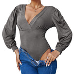 Women Sexy Bodysuits Long Sleeve V Neck Jumpsuits Tops Leotard Shirts - Nadorine (Us Only)