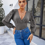 Women Sexy Bodysuits Long Sleeve V Neck Jumpsuits Tops Leotard Shirts - Nadorine (Us Only)