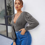 Women Sexy Bodysuits Long Sleeve V Neck Jumpsuits Tops Leotard Shirts - Nadorine (Us Only)