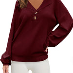 Nadorine Women V Neck Sweater Lantern Sleeve Drop Shoulder Oversized Henley Knit Pullover Tops S-XXL