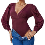 Women Sexy Bodysuits Long Sleeve V Neck Jumpsuits Tops Leotard Shirts - Nadorine (Us Only)
