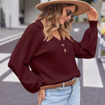 Nadorine Women V Neck Sweater Lantern Sleeve Drop Shoulder Oversized Henley Knit Pullover Tops S-XXL