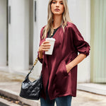 Womens Oversized Blazer Jackets Satin Roll Sleeve Open Front Casual Work Cardigan Jacket with Pockets - Nadorine (Us Only)