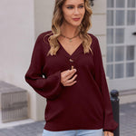 Nadorine Women V Neck Sweater Lantern Sleeve Drop Shoulder Oversized Henley Knit Pullover Tops S-XXL