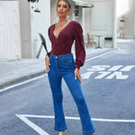 Women Sexy Bodysuits Long Sleeve V Neck Jumpsuits Tops Leotard Shirts - Nadorine (Us Only)