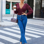 Women Sexy Bodysuits Long Sleeve V Neck Jumpsuits Tops Leotard Shirts - Nadorine (Us Only)
